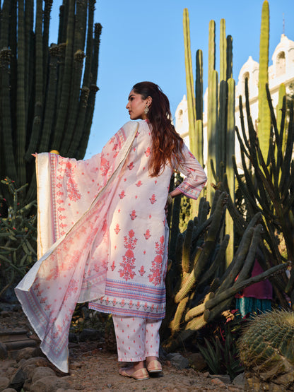 Ivory Chanderi Embroidered Kurta Set with Coral Floral Thread Work & Dupatta