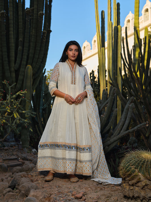 Women Ethnic Motifs Printed Panelled Mirror Work Kurta with Trousers & With Dupatta