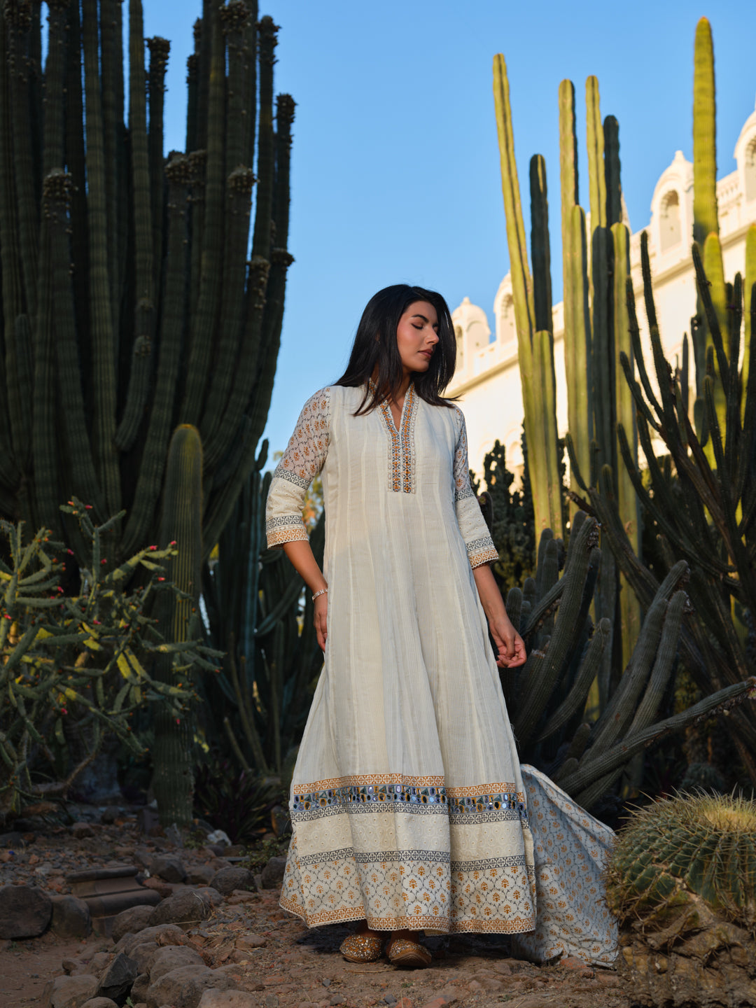 Women Ethnic Motifs Printed Panelled Mirror Work Kurta with Trousers & With Dupatta
