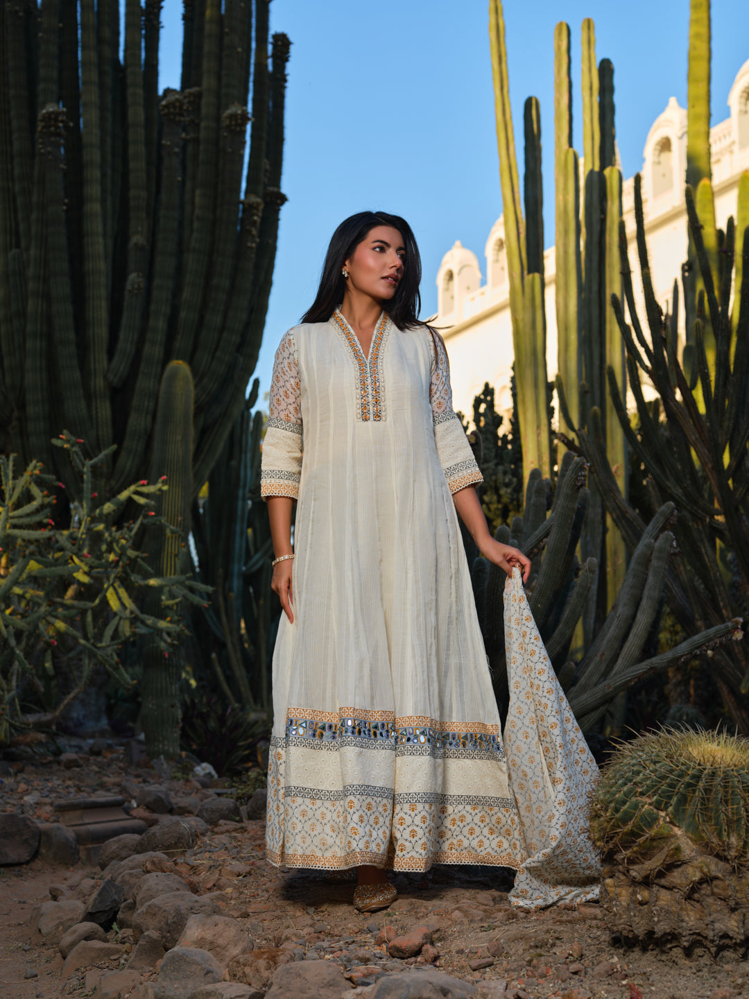Women Ethnic Motifs Printed Panelled Mirror Work Kurta with Trousers & With Dupatta
