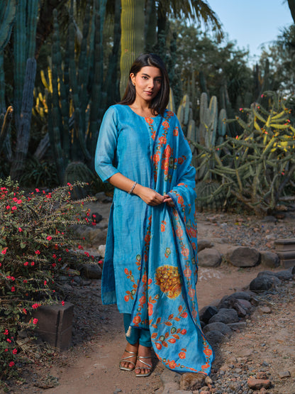 Embroidered Round Neck Straight Kurta & Trousers With Dupattta