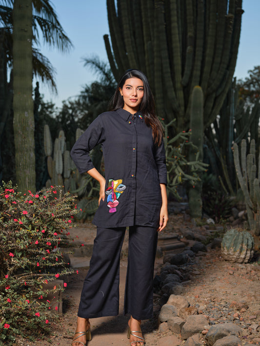 Black & Red Embroidered Cotton-Flex Shirt & Trousers Co-ord Set