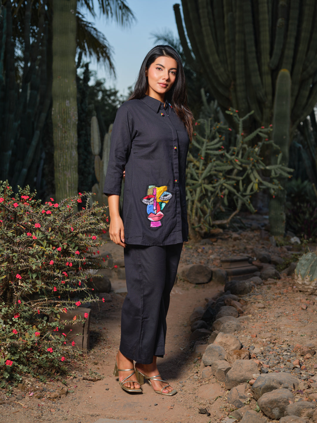Black & Red Embroidered Cotton-Flex Shirt & Trousers Co-ord Set