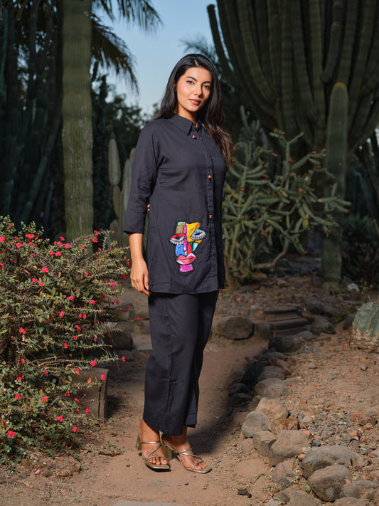 Black & Red Embroidered Cotton-Flex Shirt & Trousers Co-ord Set