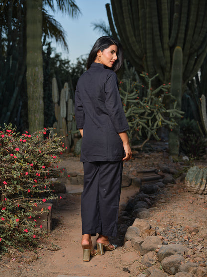 Black & Red Embroidered Cotton-Flex Shirt & Trousers Co-ord Set
