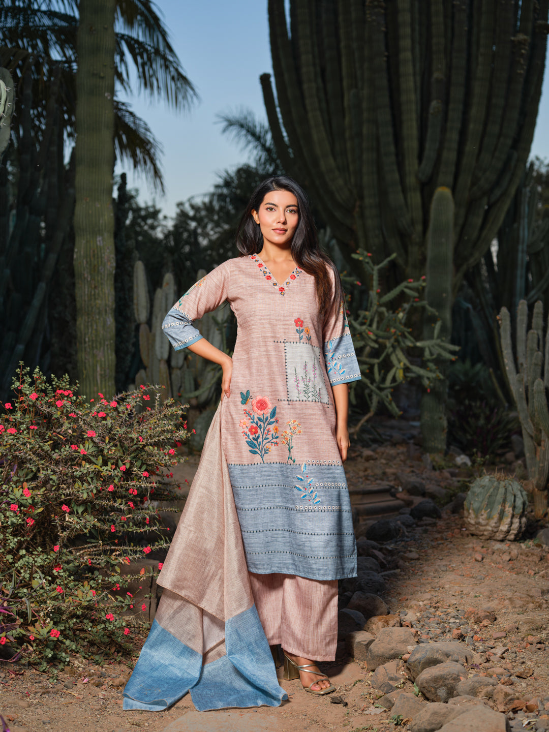 Light Blue & Peach Embroidered Kurta Set