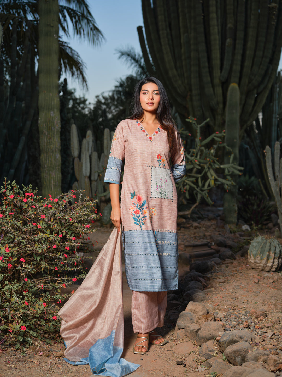 Light Blue & Peach Embroidered Kurta Set