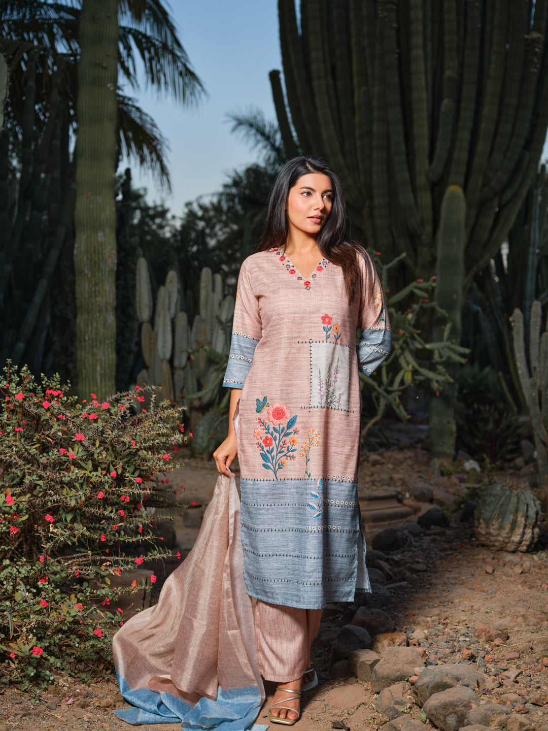 Light Blue & Peach Embroidered Kurta Set