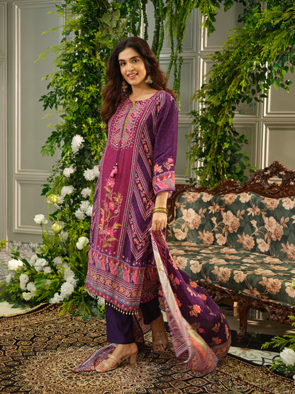 Wine & Purple Digital Print Kurta Set with Heavy Handwork
