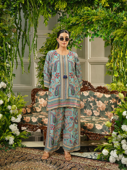 Sea Blue Printed Natural Crepe Silk Co-ords Set with Tassels & Handwork