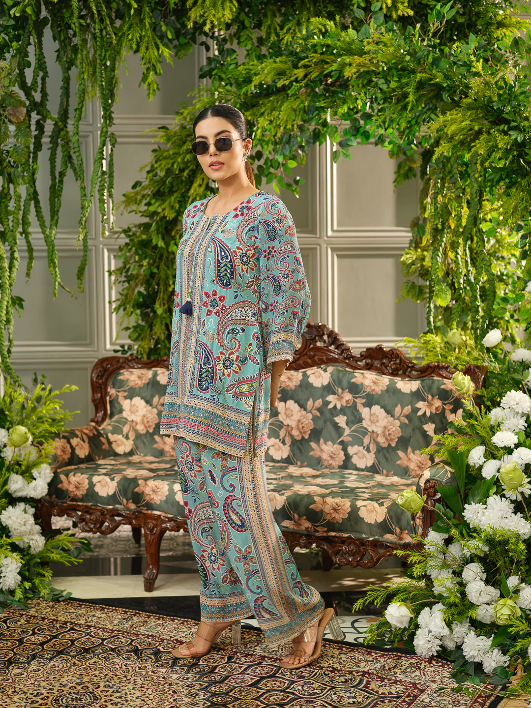 Sea Blue Printed Natural Crepe Silk Co-ords Set with Tassels & Handwork