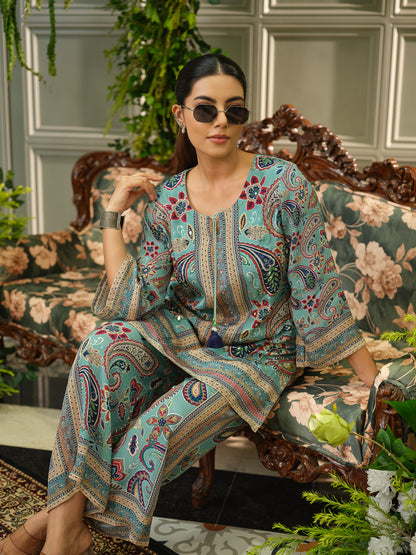 Sea Blue Printed Natural Crepe Silk Co-ords Set with Tassels & Handwork