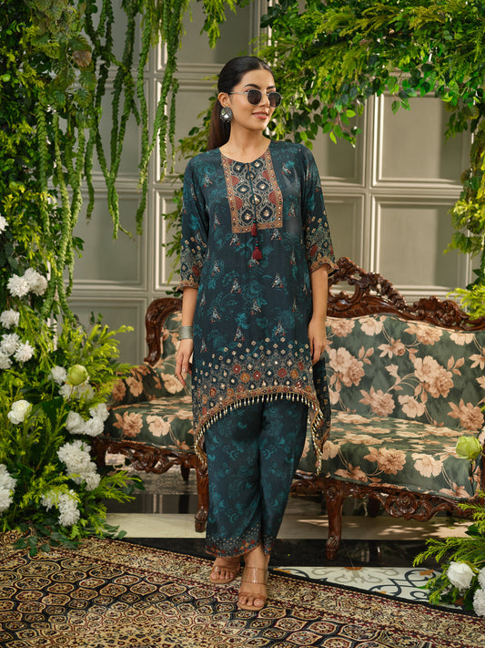 Dark Digital Print Co-ord Set with Tassels