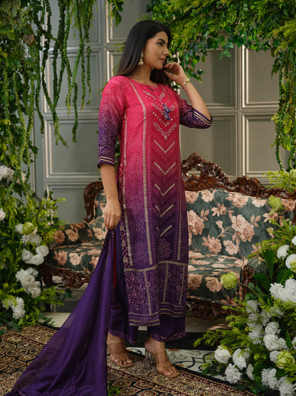 Pink & Violet Crepe Silk Printed Kurta Set with Dupatta