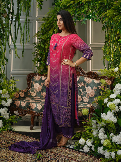 Pink & Violet Crepe Silk Printed Kurta Set with Dupatta