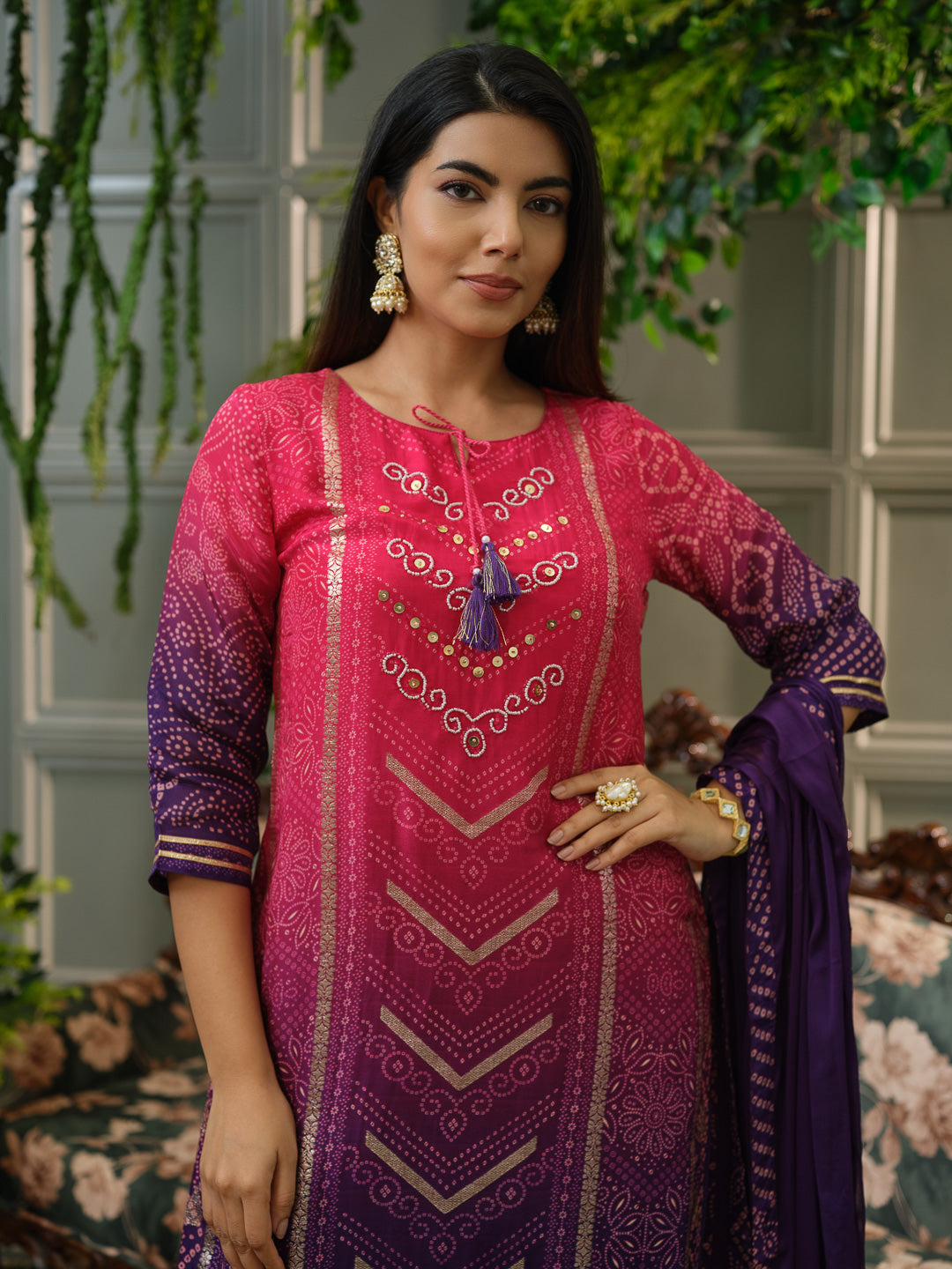 Pink & Violet Crepe Silk Printed Kurta Set with Dupatta