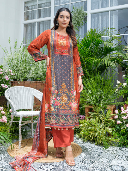 Rust Pakistani Hand & Mirror Work Kurta with Pant and Matching Dupatta