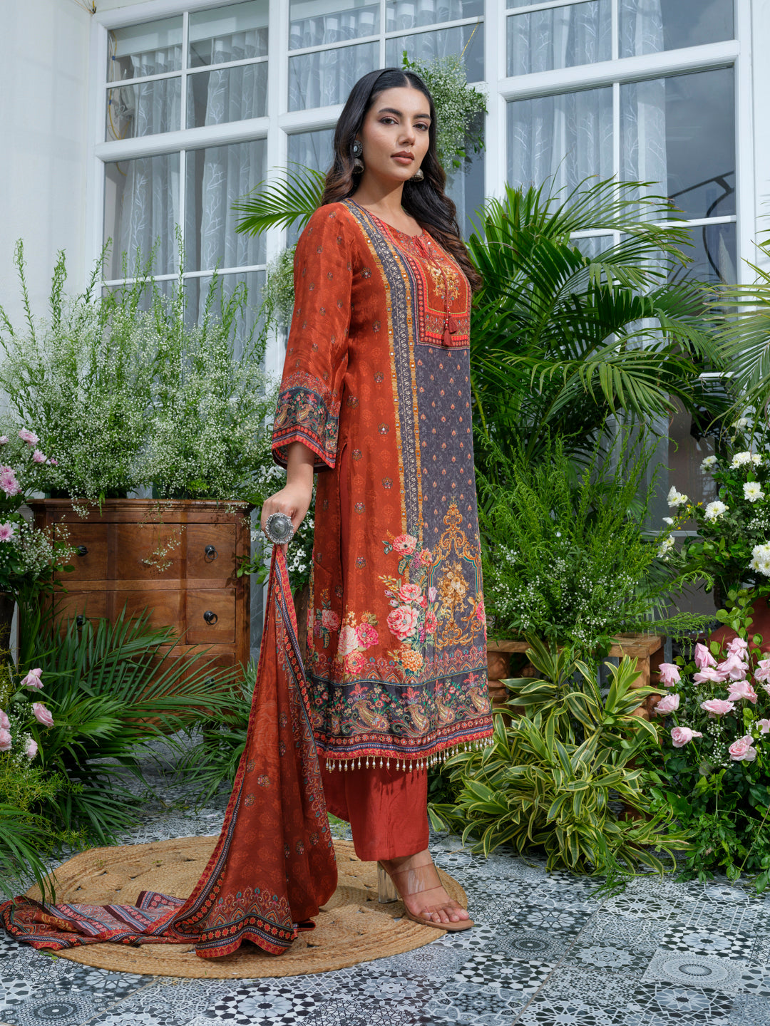 Rust Pakistani Hand & Mirror Work Kurta with Pant and Matching Dupatta