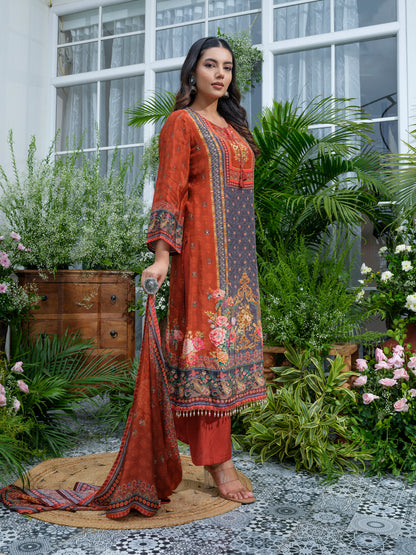 Rust Pakistani Hand & Mirror Work Kurta with Pant and Matching Dupatta
