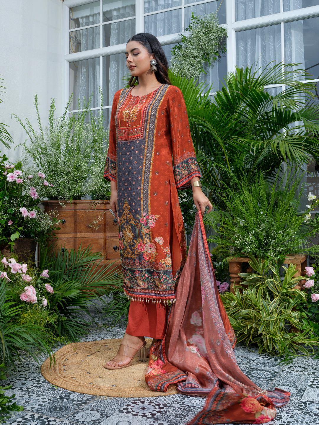 Rust Pakistani Hand & Mirror Work Kurta with Pant and Matching Dupatta