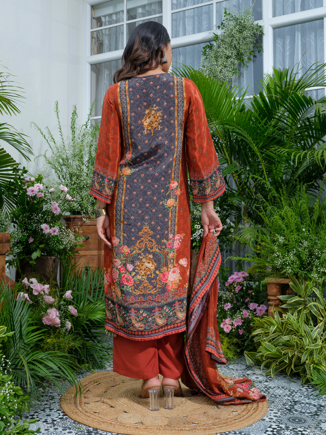 Rust Pakistani Hand & Mirror Work Kurta with Pant and Matching Dupatta