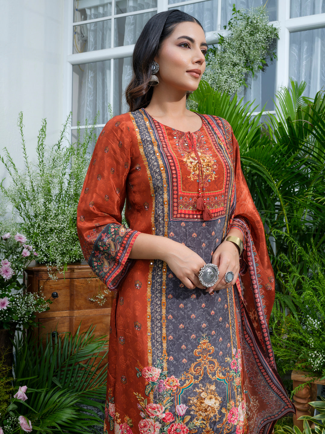 Rust Pakistani Hand & Mirror Work Kurta with Pant and Matching Dupatta