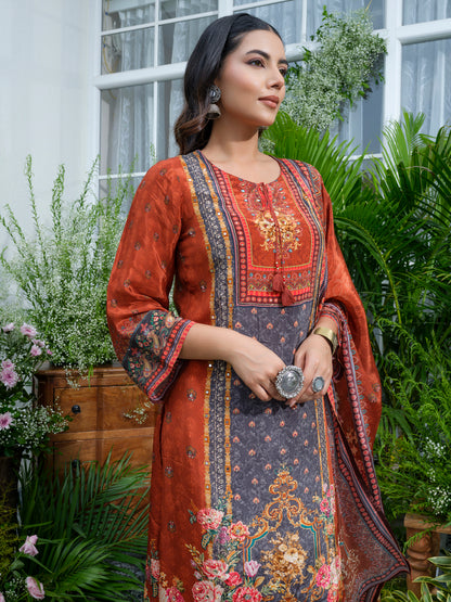 Rust Pakistani Hand & Mirror Work Kurta with Pant and Matching Dupatta