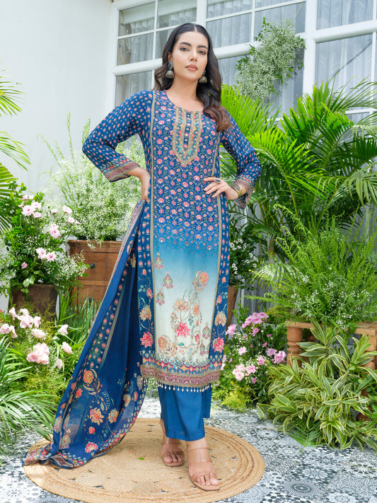 Navy Blue Pakistani 3-Piece Suit with Hand & Mirror Work Festive Ethnic Wear for Women