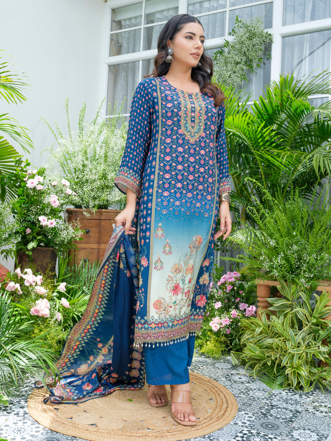 Navy Blue Pakistani 3-Piece Suit with Hand & Mirror Work Festive Ethnic Wear for Women
