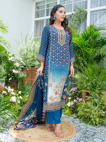 Navy Blue Pakistani 3-Piece Suit with Hand & Mirror Work Festive Ethnic Wear for Women