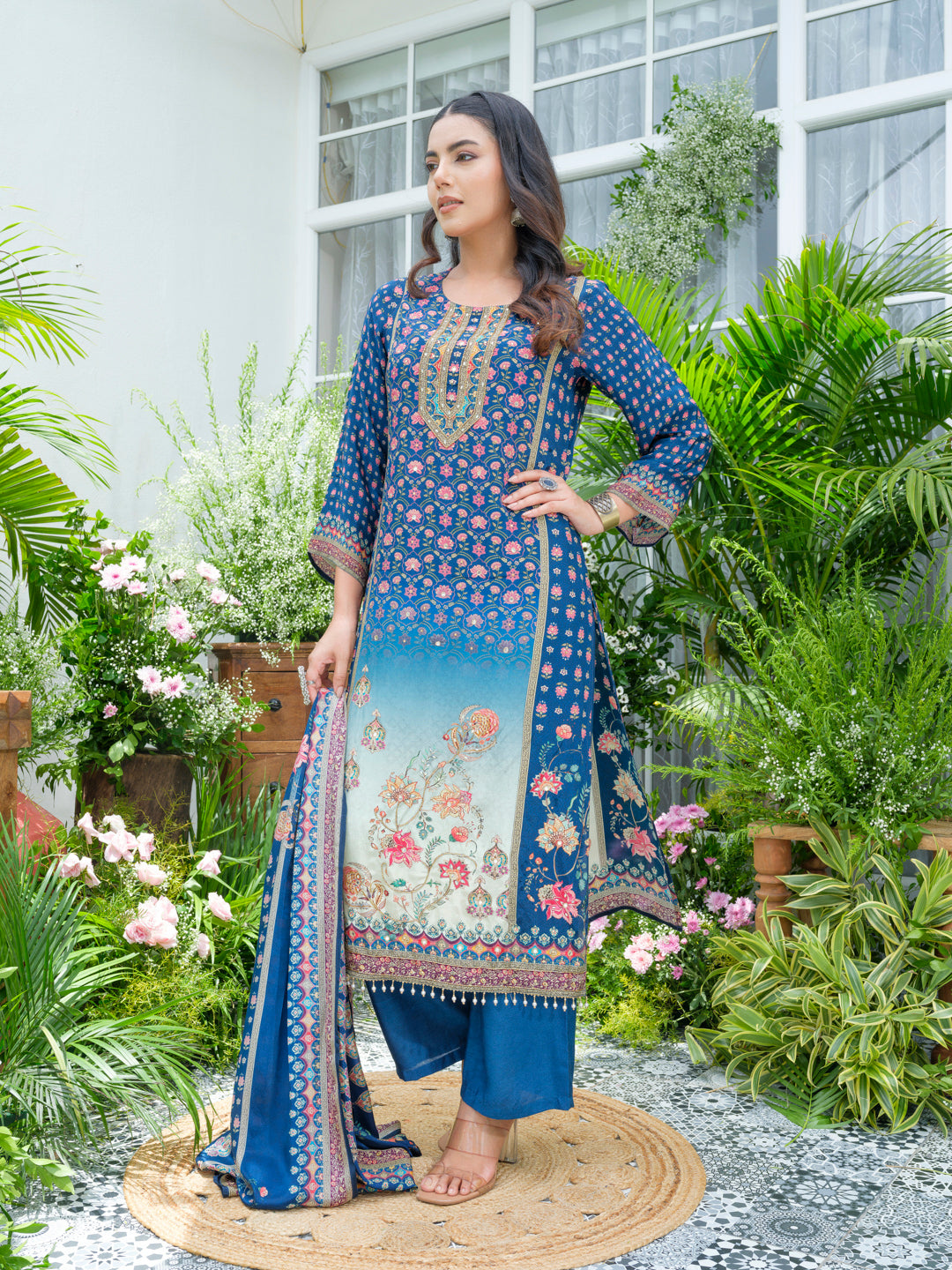Navy Blue Pakistani 3-Piece Suit with Hand & Mirror Work Festive Ethnic Wear for Women