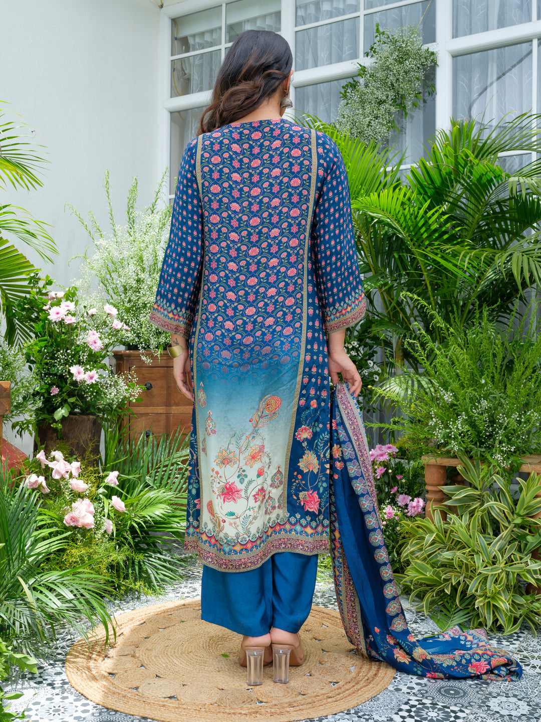 Navy Blue Pakistani 3-Piece Suit with Hand & Mirror Work Festive Ethnic Wear for Women