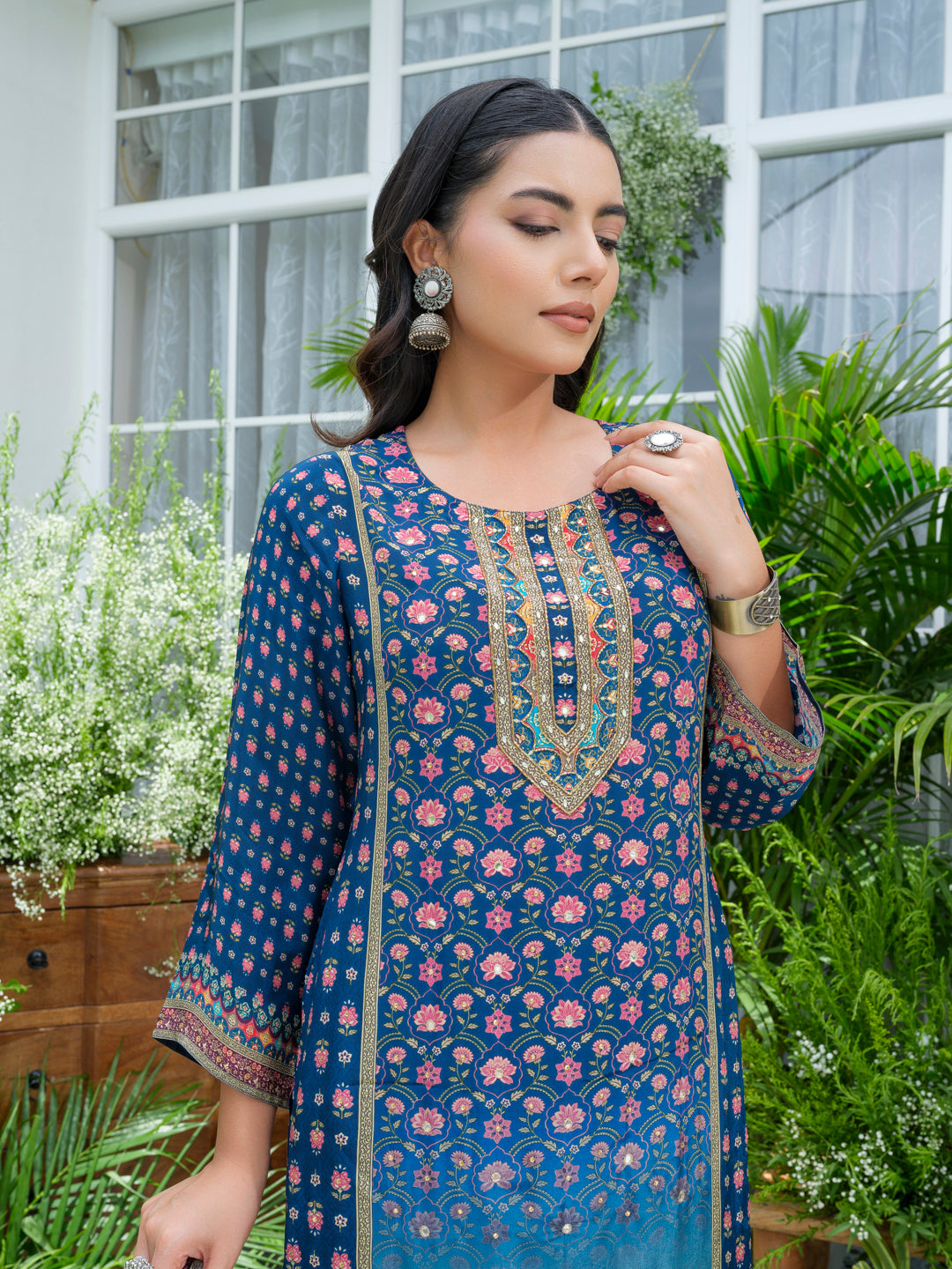 Navy Blue Pakistani 3-Piece Suit with Hand & Mirror Work Festive Ethnic Wear for Women
