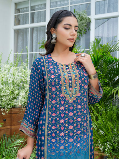 Navy Blue Pakistani 3-Piece Suit with Hand & Mirror Work Festive Ethnic Wear for Women