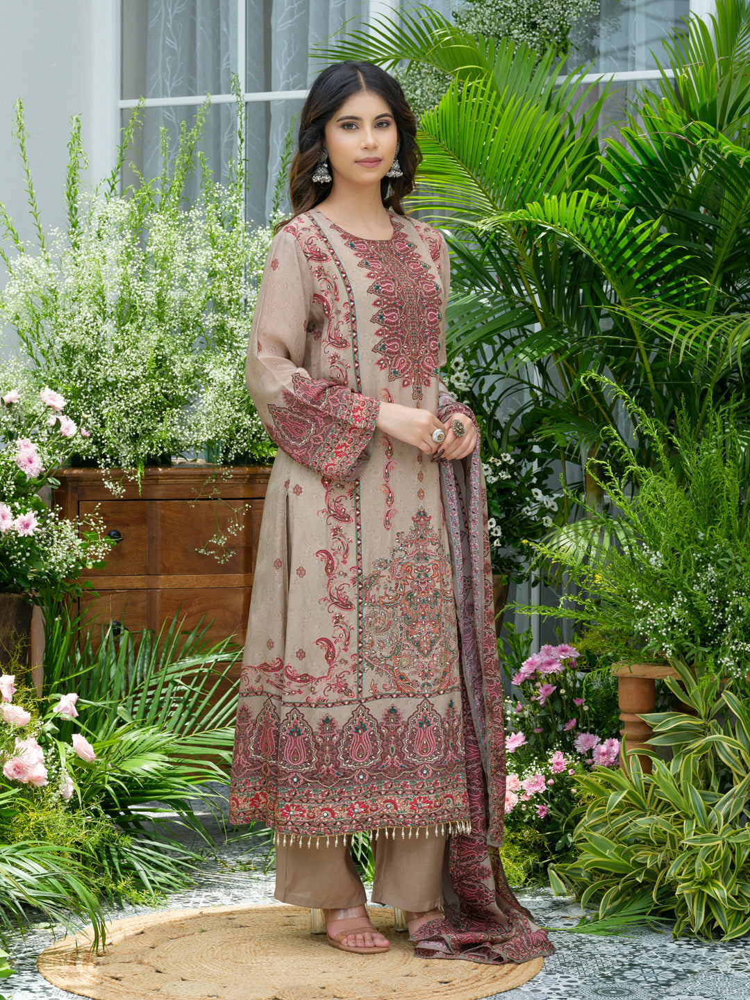Grey Pakistani Suit Hand & Mirror Work Ethnic Kurta with Trouser & Dupatta Set