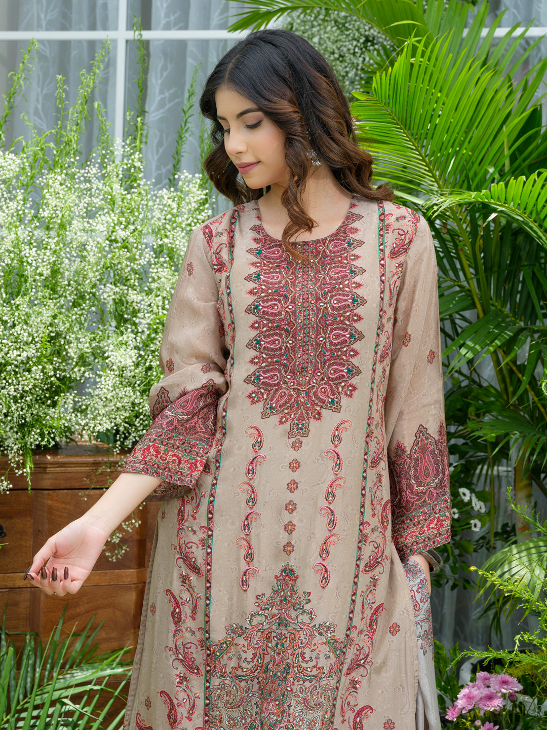Grey Pakistani Suit Hand & Mirror Work Ethnic Kurta with Trouser & Dupatta Set