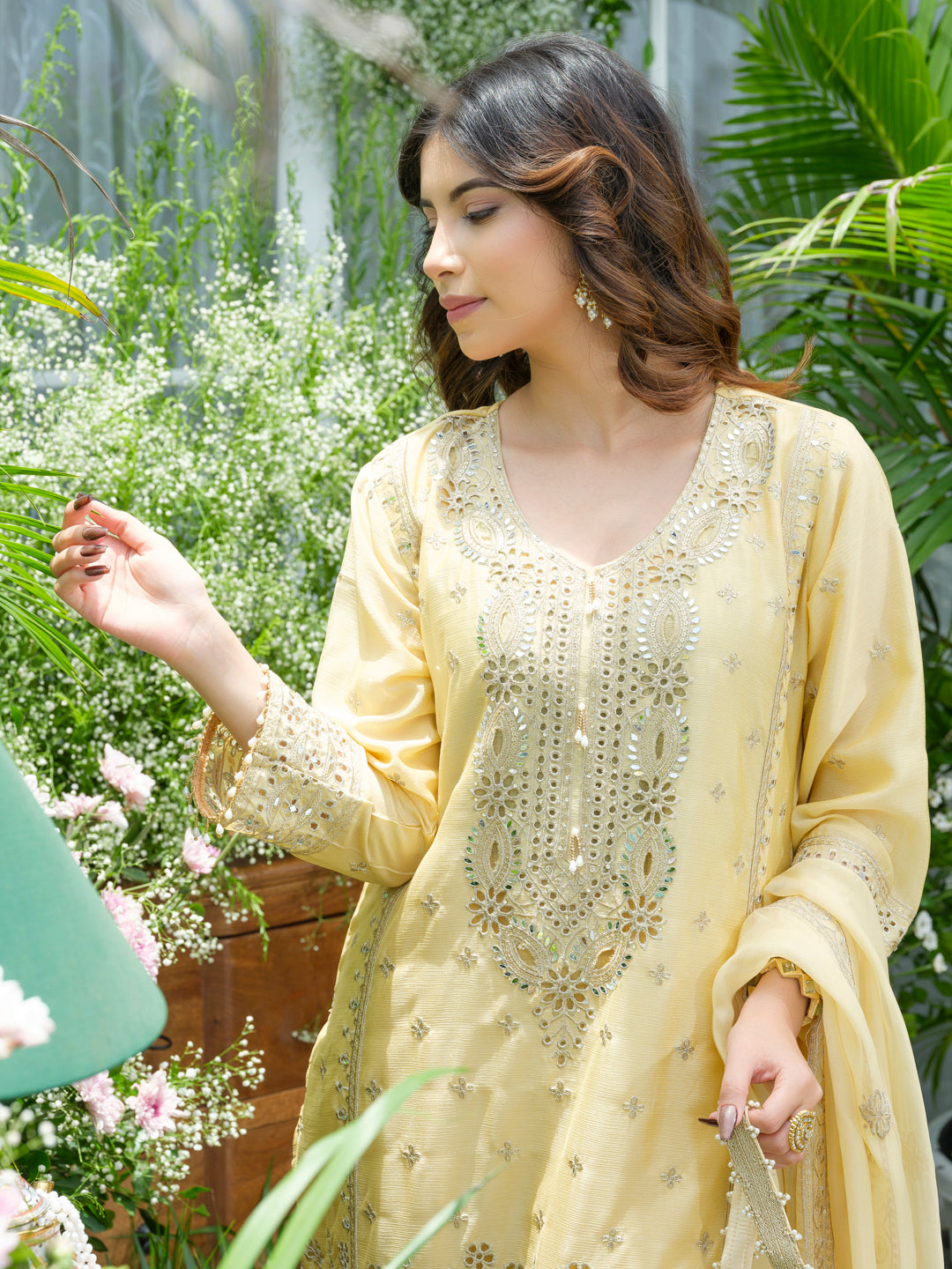 Embroidered Mirror and Cut Work Pakistani Kurta with Trouser and Dupatta Set