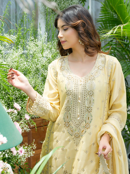 Embroidered Mirror and Cut Work Pakistani Kurta with Trouser and Dupatta Set