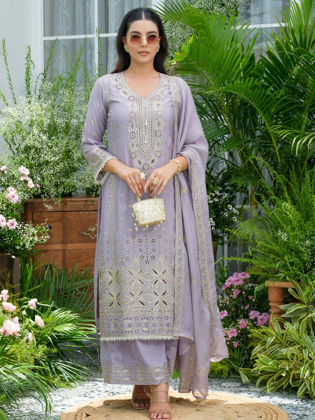 Embroidered Mirror and Cut Work Pakistani Kurta with Trouser and Dupatta Set