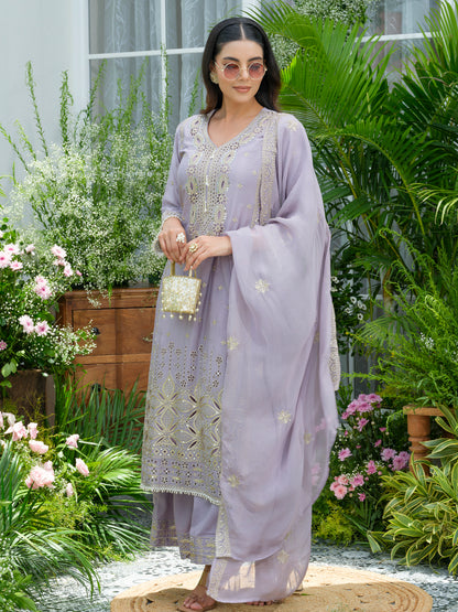 Embroidered Mirror and Cut Work Pakistani Kurta with Trouser and Dupatta Set
