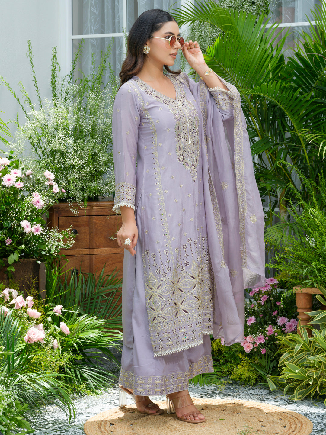 Embroidered Mirror and Cut Work Pakistani Kurta with Trouser and Dupatta Set