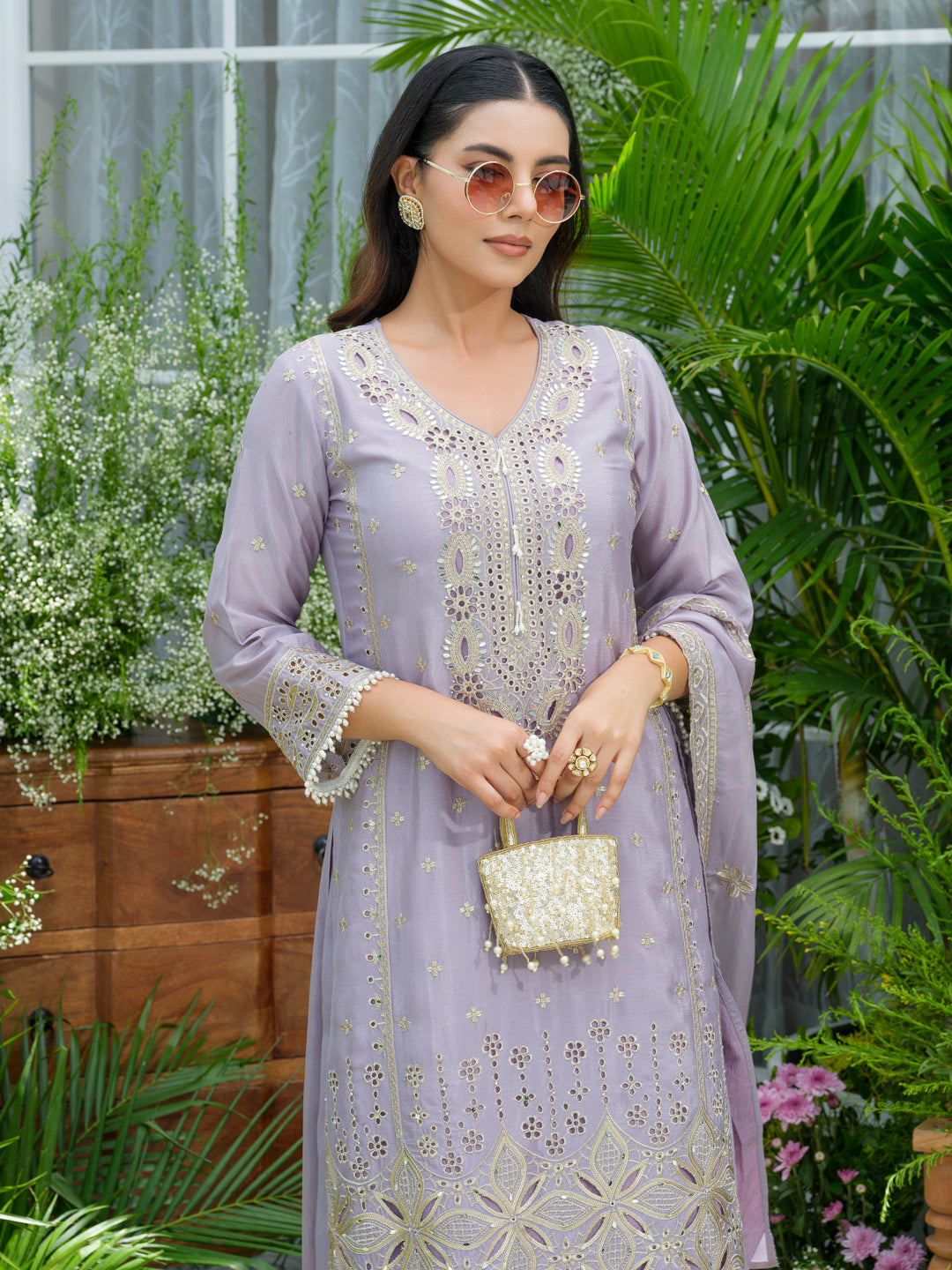 Embroidered Mirror and Cut Work Pakistani Kurta with Trouser and Dupatta Set