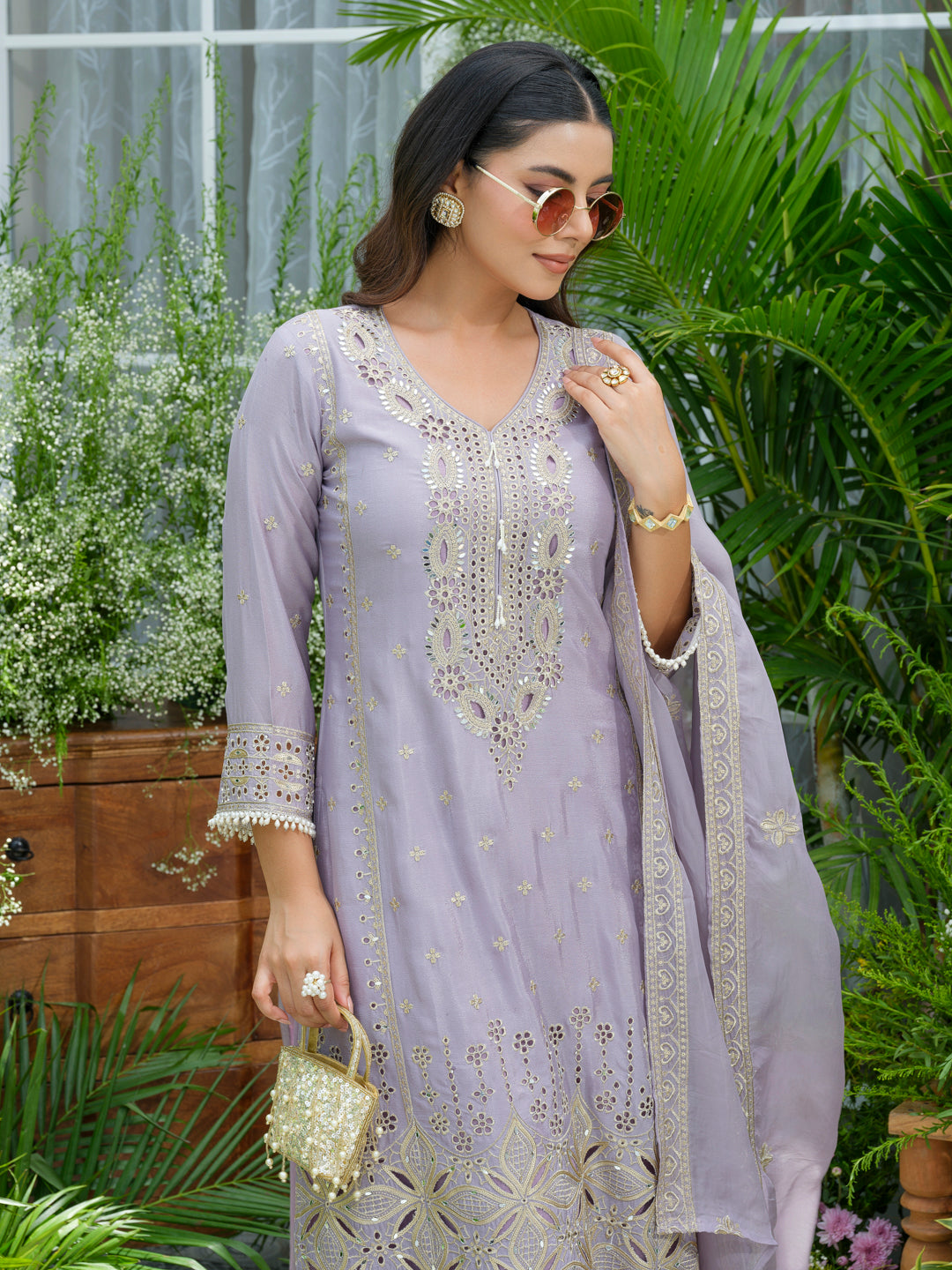Embroidered Mirror and Cut Work Pakistani Kurta with Trouser and Dupatta Set
