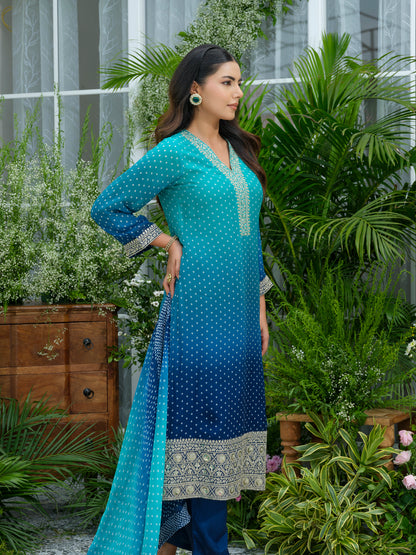 Blue Ombre Embroidered Two Shaded Bandhani print Kurta with Pant and Dupatta