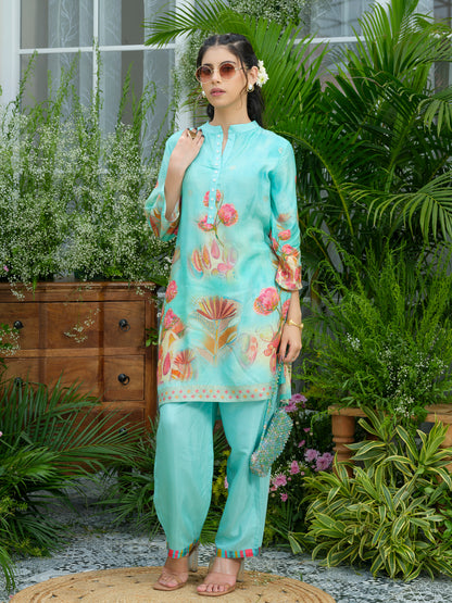 Aqua Blue Floral Printed Co-ord Set with Straight Pants