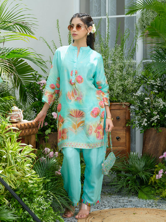 Aqua Blue Floral Printed Co-ord Set with Straight Pants