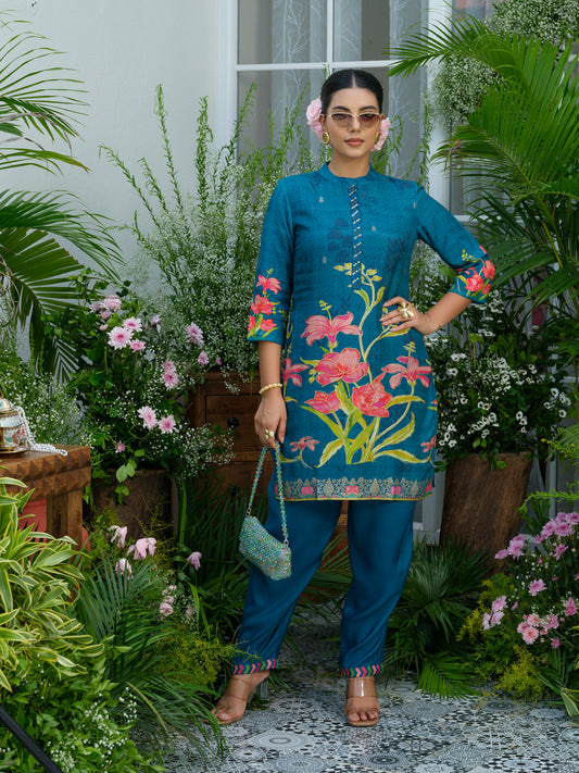 Teal Printed Co-Ord Set in Natural Crepe