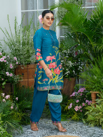 Teal Printed Co-Ord Set in Natural Crepe