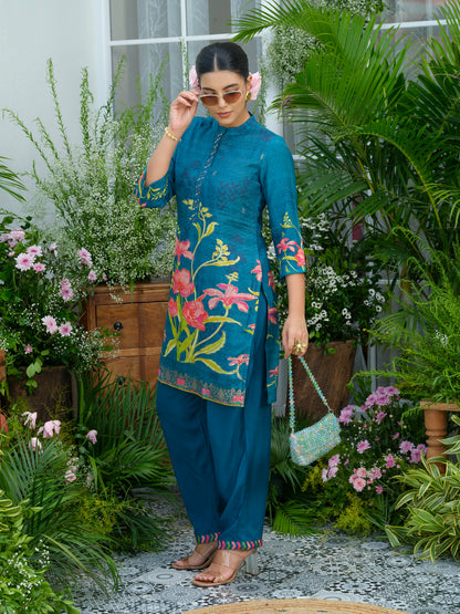 Teal Printed Co-Ord Set in Natural Crepe