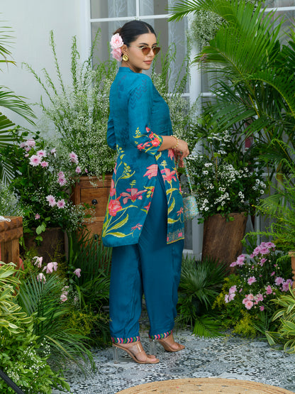 Teal Printed Co-Ord Set in Natural Crepe